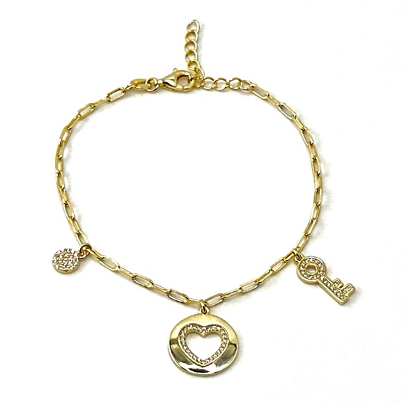 18K Gold Plated over 925 Solid Sterling Silver Link Chain Heart Bracelet - Picture 2 of 8